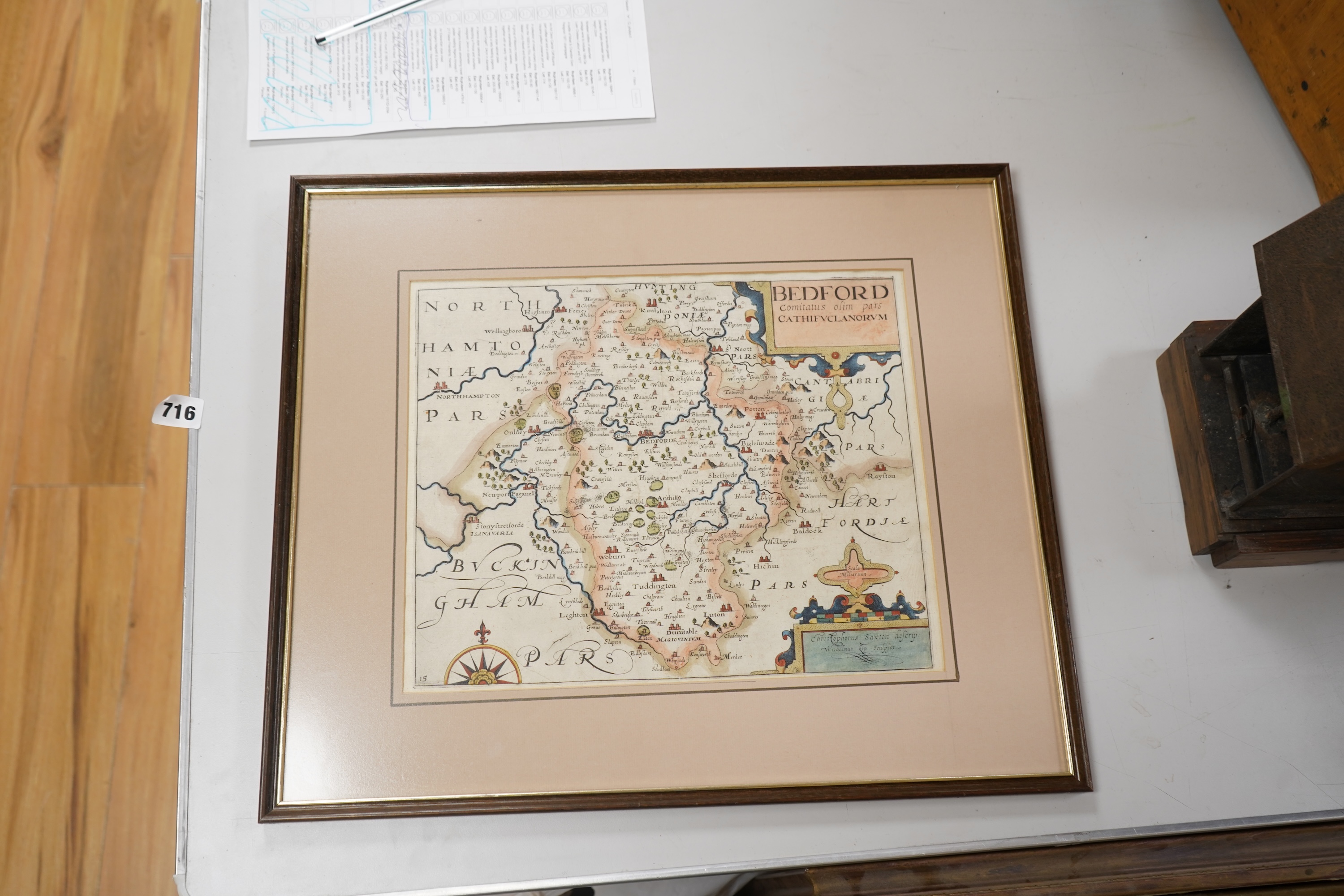 18th century, hand coloured engraved map of Bedford, 28 x 34cm